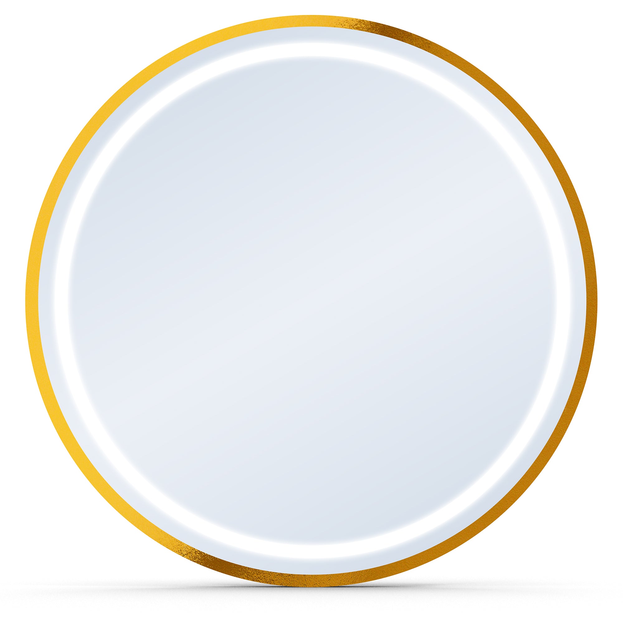Gold-framed round mirror with built-in light